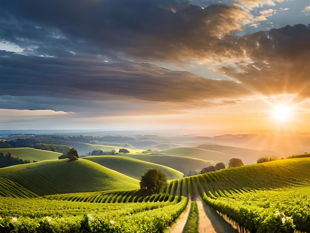 A sunset over a vineyard with a cloudy sky