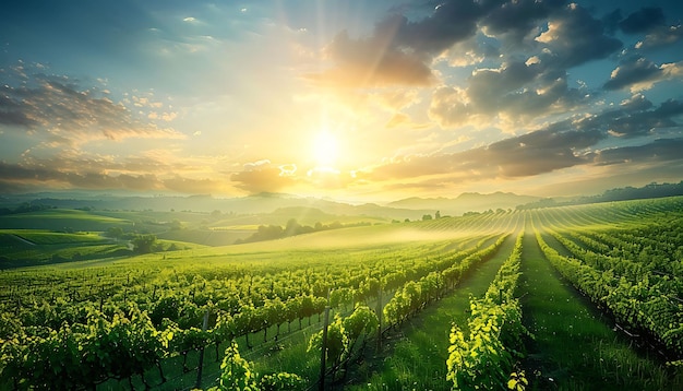 a sunset over a vineyard with a field of grapes and the sun shining through the clouds