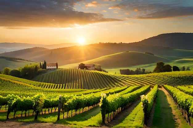 Sunset over a vineyard with a sunset