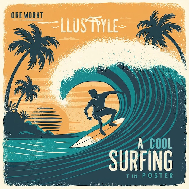 Photo sunset vintage retro style beach surf poster vector illustration