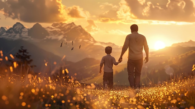 Sunset Walk in the Meadow Father and Son Bonding