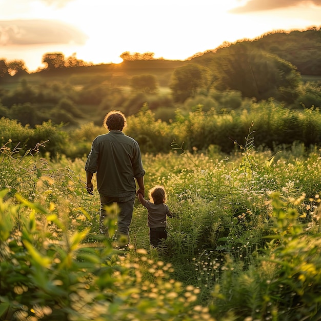 Photo sunset walk in the meadow father and son bonding