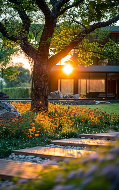 Photo sunset walkway through garden