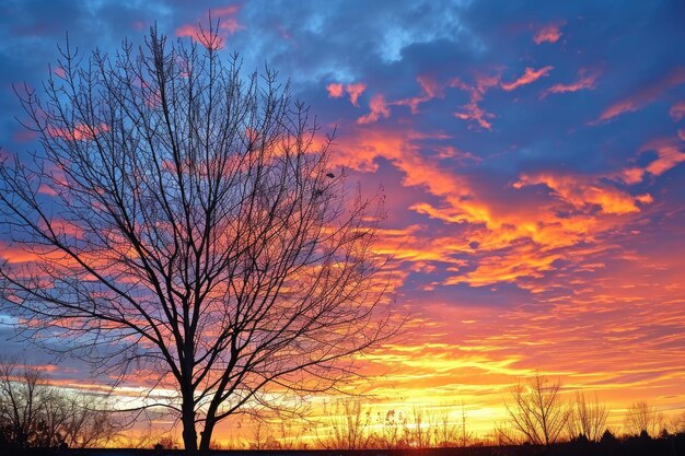 Sunset warm cloudy sky photography with tree