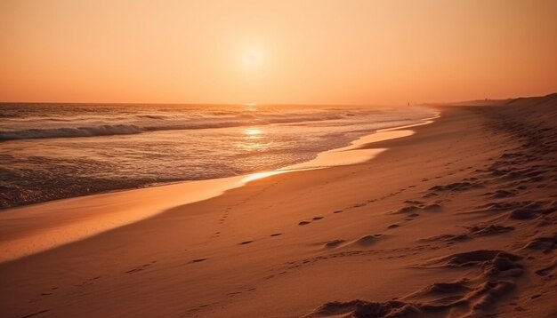 Sunset over water waves crash on shore generated by AI