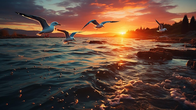 Sunset over the water with birds flying against sunlight on the Mediterranean Sea