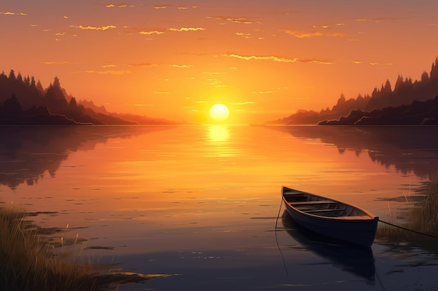 A sunset on the water with a boat in the foreground