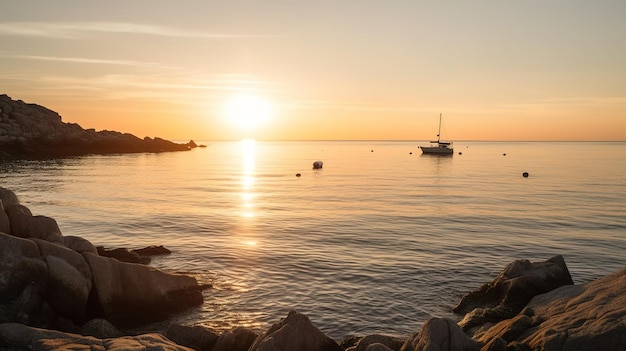 A sunset over the water with a boat in the water