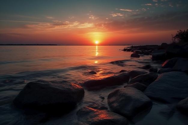 A sunset over the water with the sun setting behind it