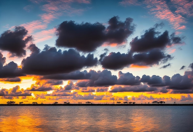 A sunset over the water with the sun setting behind it