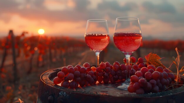 Sunset wine setting with grapes glasses and wooden barrel on vineyard background