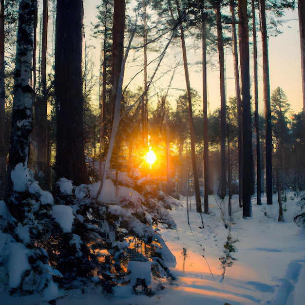 sunset in the winter forest.