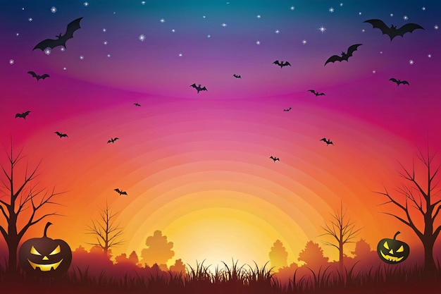 a sunset with bats flying over a forest landscape