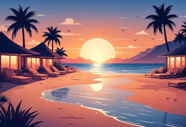 A sunset with a beach scene and palm trees