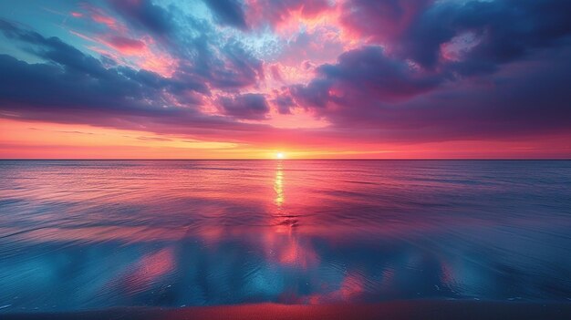 a sunset with a bird swimming in the water