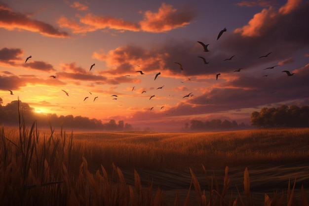 a sunset with birds flying over a field and a sunset background