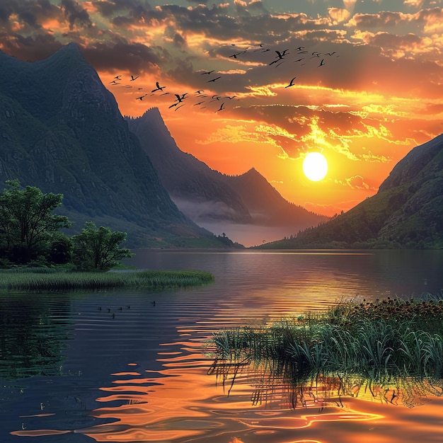 a sunset with birds flying over a lake and mountains