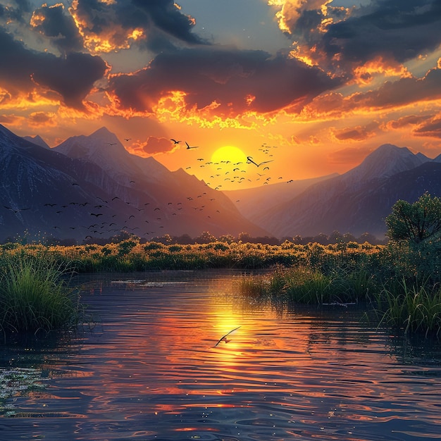 a sunset with birds flying over a river and mountains in the background