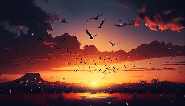 A sunset with birds flying in the sky