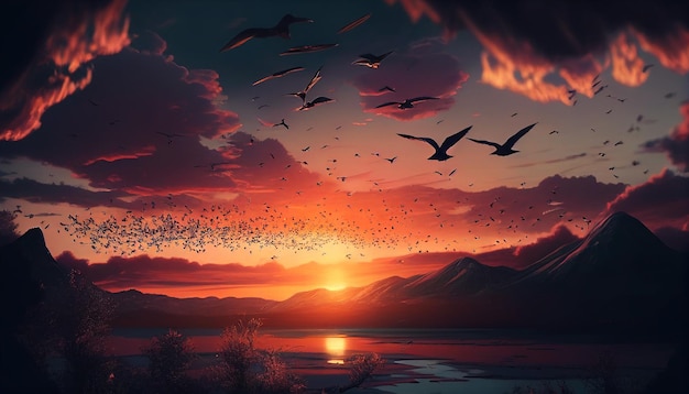 A sunset with birds flying in the sky