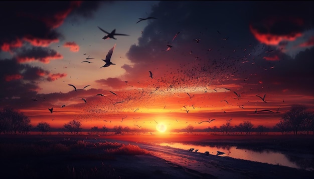 A sunset with birds flying over the water