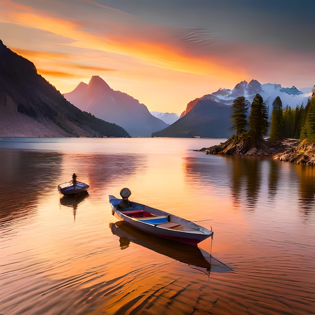 A sunset with a boat in the foreground and mountains in the background.