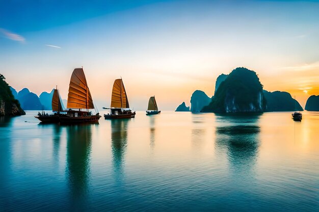 a sunset with boats and mountains in the background