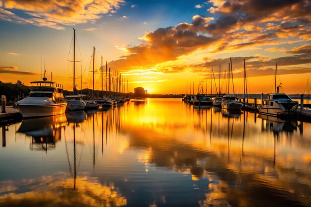 Photo a sunset with boats in the water and a dock in the background