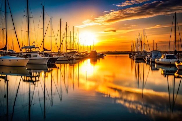 Photo a sunset with boats in the water and the sun setting behind them