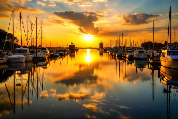 Photo a sunset with boats in the water and the sun setting behind them