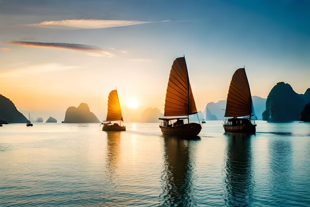 a sunset with boats in the water and the sun behind them