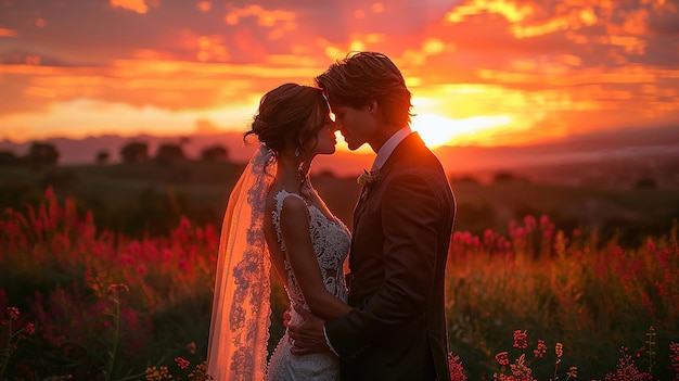 a sunset with a bride and groom in a field of flowers