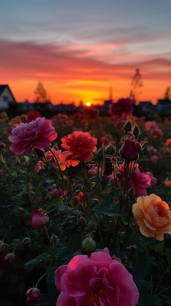 A sunset with a bunch of flowers