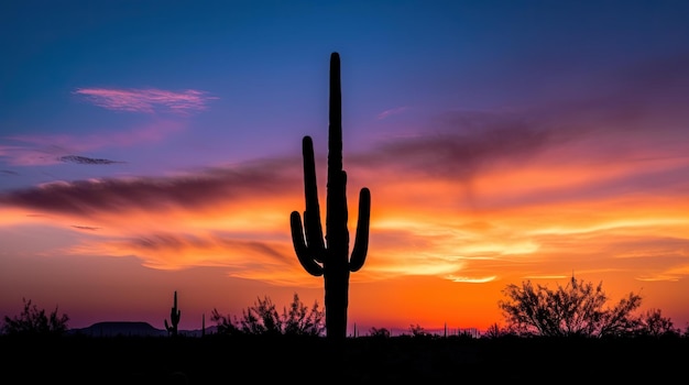 A sunset with a cactus in the foreground and a colorful sky in the background.