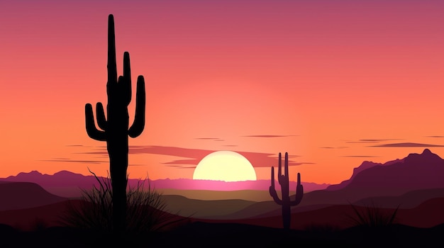 A sunset with a cactus and a sunset in the background.