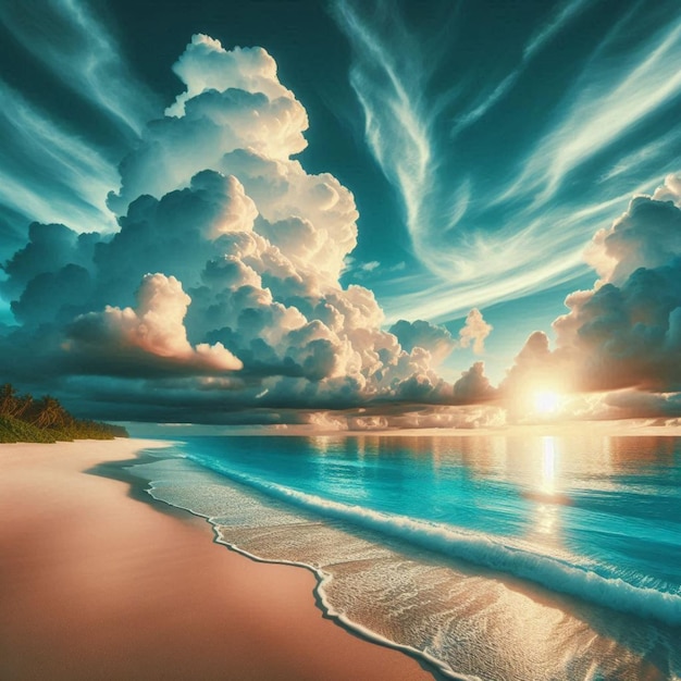 a sunset with clouds and a beach and a beach scene