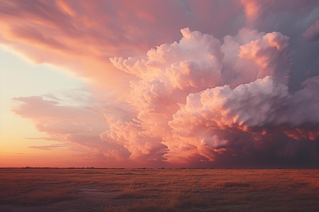 a sunset with clouds over a field and a sunset