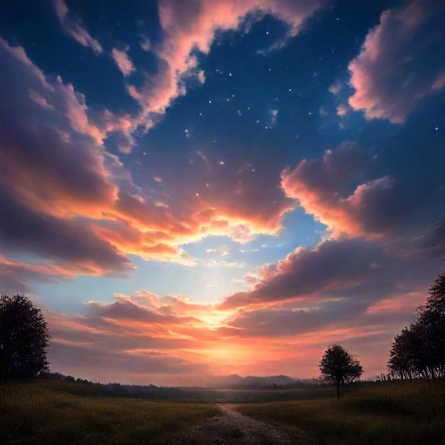 a sunset with clouds and a heart shaped cloud in the sky