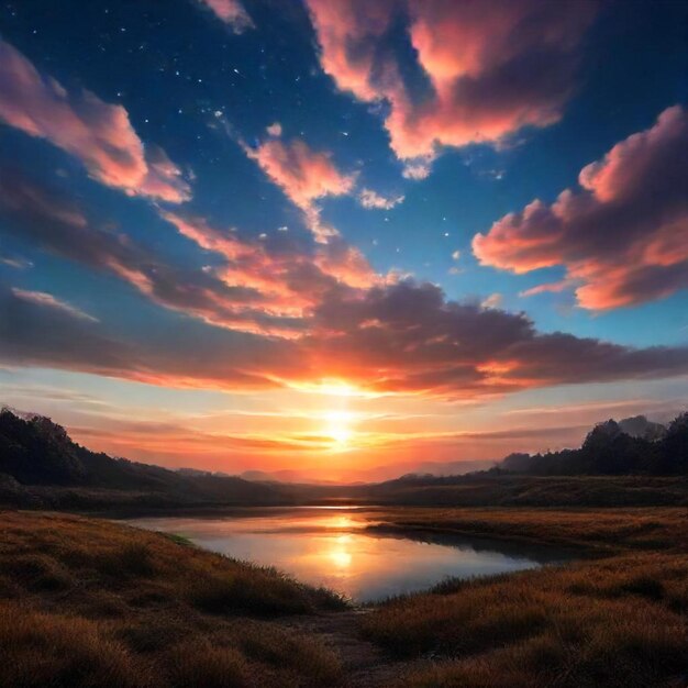 a sunset with clouds and a lake in the foreground