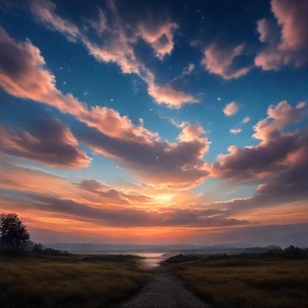 a sunset with clouds and a road leading to a lake