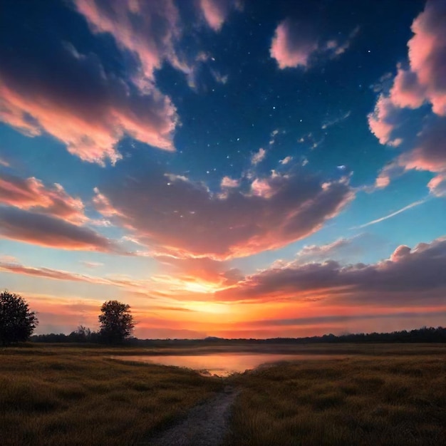 a sunset with clouds and a trail in the sky