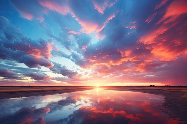 a sunset with clouds and water reflecting in the sand An image of a sunset with clouds and water casting reflections on the sandy surface