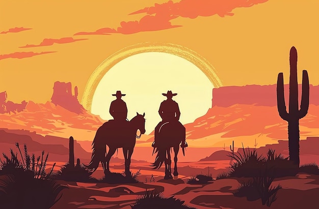 Photo a sunset with cowboys and the sun behind them