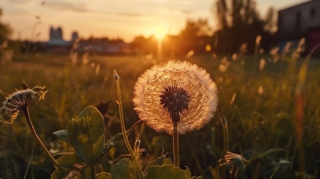 A sunset with a dandelion in the foreground and a house in the backgroundgenerative ai