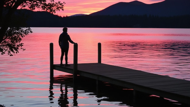 Photo a sunset with a dock and a dock with a lake and mountains in the background