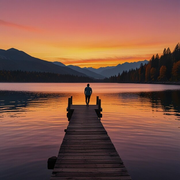 Photo a sunset with a dock and a dock with a lake and mountains in the background