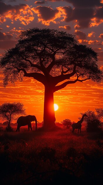 a sunset with elephants and a giraffe in the background