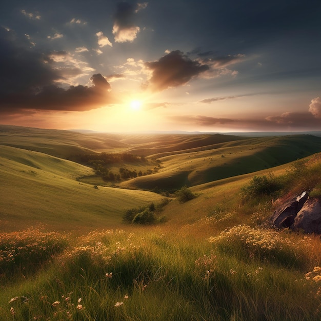 A sunset with a field of flowers and a sky with clouds