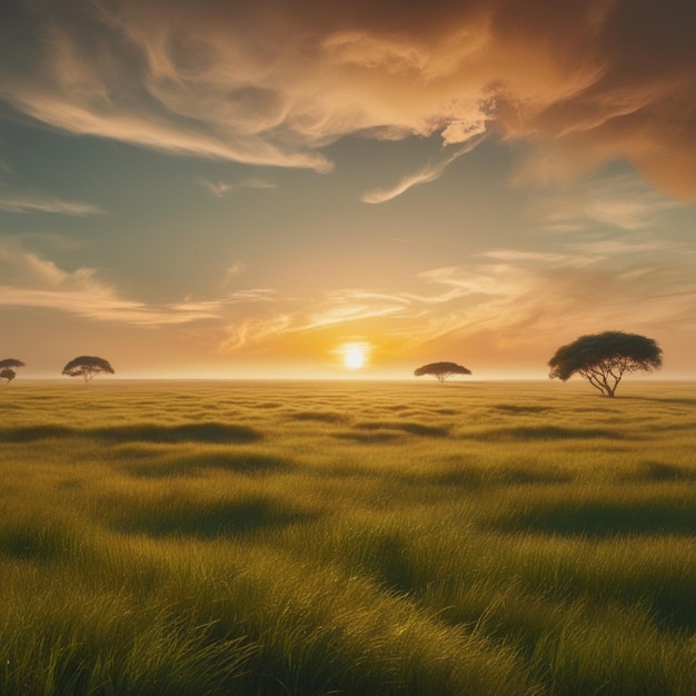 a sunset with a field of grass and trees