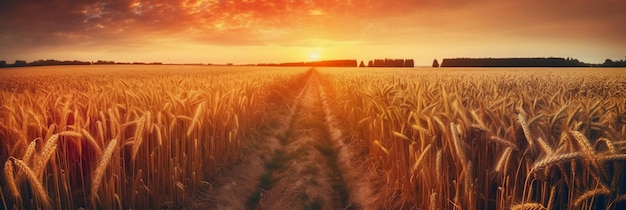 A sunset with a field of wheat in the background